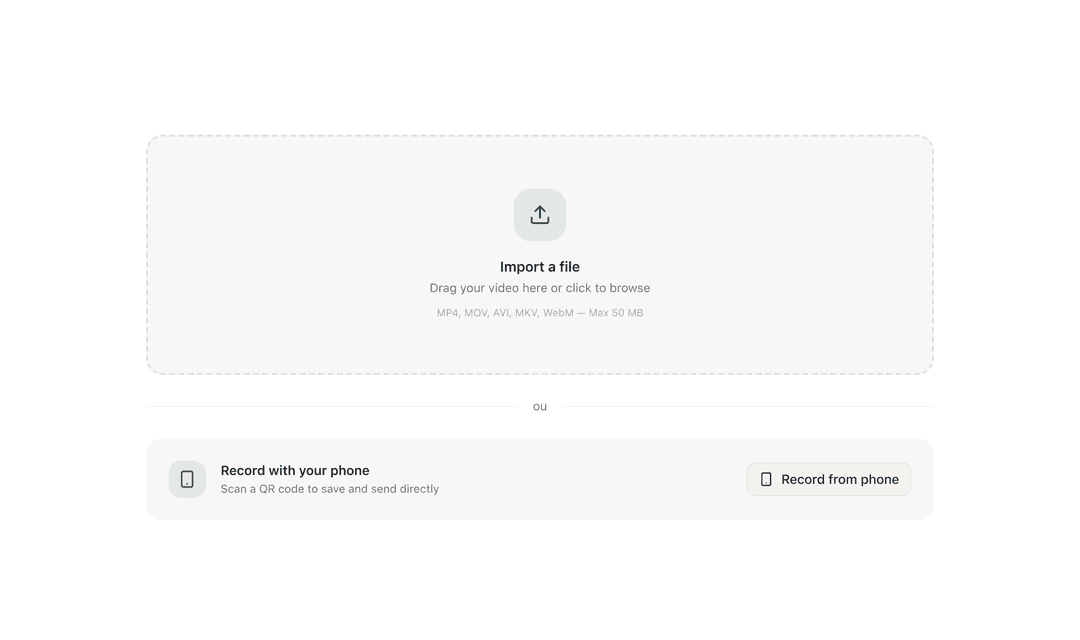 ClipHow upload screen: a drag-and-drop area for a video, plus the option to record straight from a phone via a QR code.