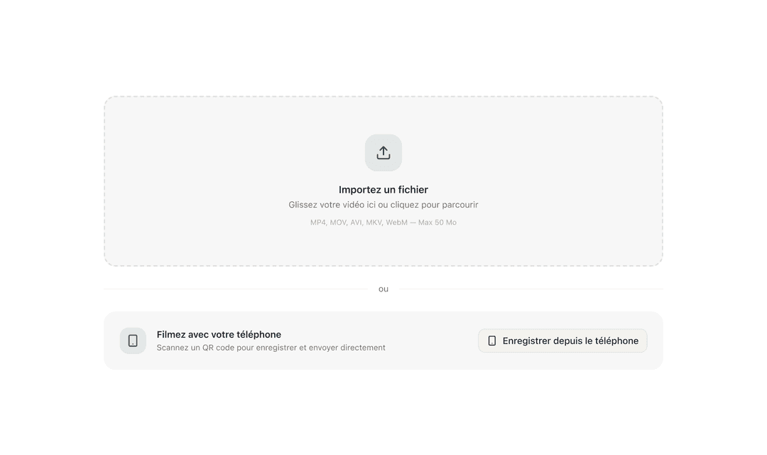 Écran d'import ClipHow : zone de glisser-déposer pour une vidéo, et option d'enregistrement direct depuis un téléphone via un QR code.