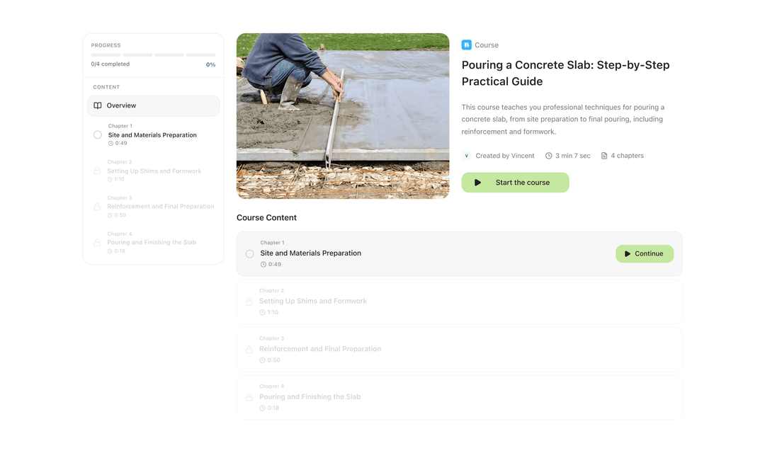 ClipHow e-learning module generated from a worksite video: four timed chapters on pouring a concrete slab, with progress tracking.