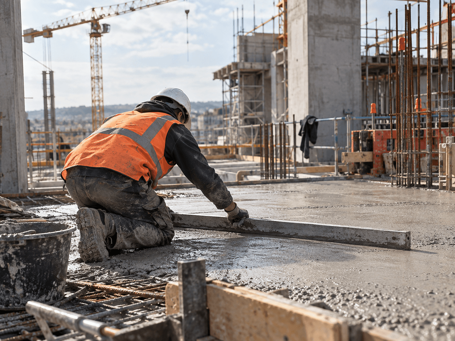 A helmeted worker in an orange vest pulls a screed across a fresh concrete slab in the middle of a construction site.