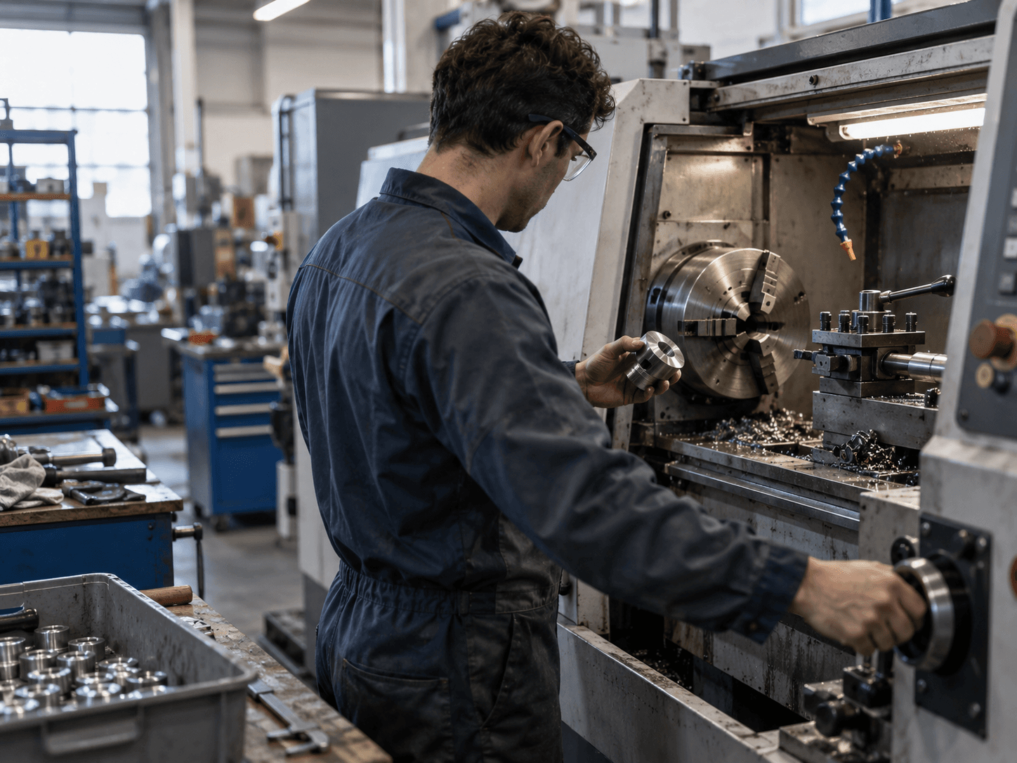 An operator in overalls adjusts a CNC lathe in a machine shop, a machined metal part in his hand.