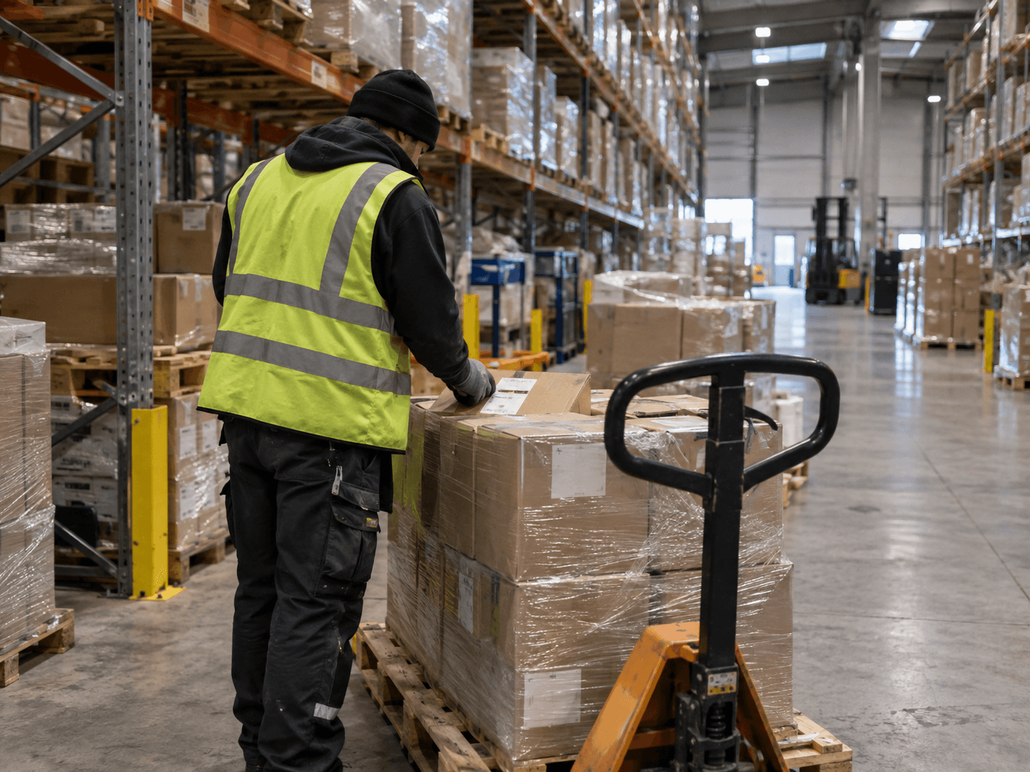 Un préparateur de commandes en gilet haute visibilité contrôle une palette de cartons dans une allée d'entrepôt, transpalette à la main.