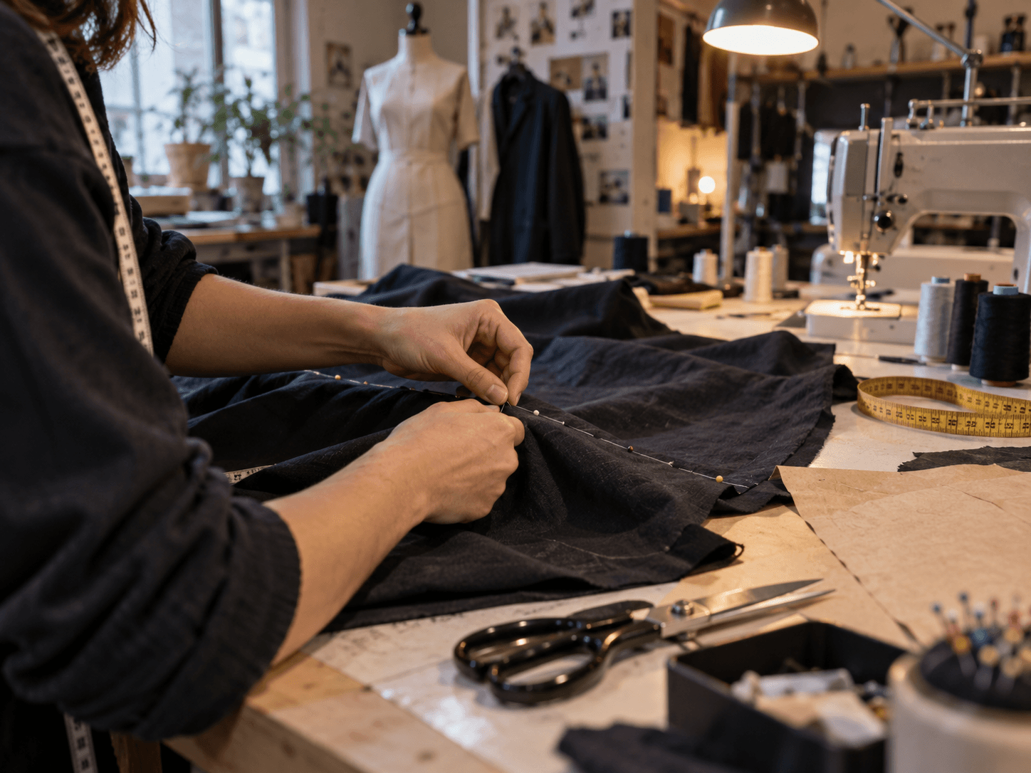 A seamstress's hands pin dark fabric on a workshop cutting table, dress form and sewing machine behind.